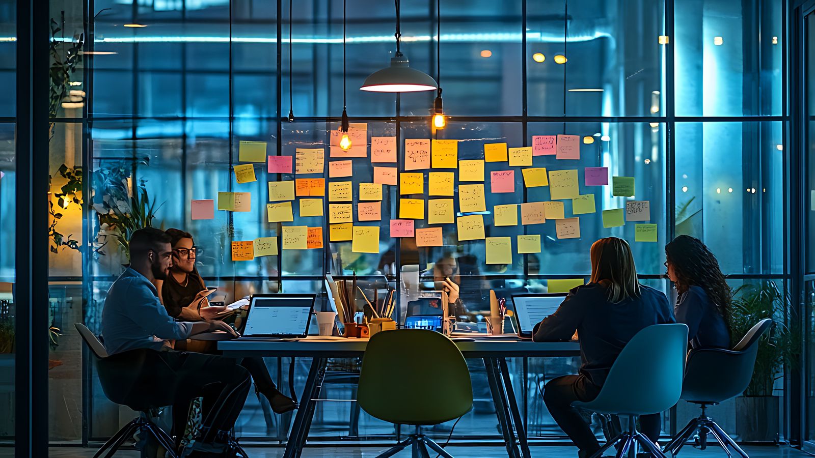 Team collaborating in modern office with sticky notes on glass wall at dusk